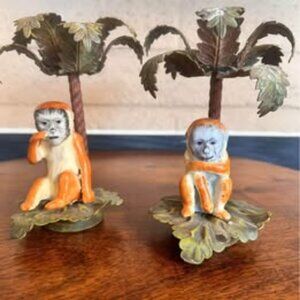 Hollywood Regency/Palm Beach Style Monkey and Palm Tree Candleholders